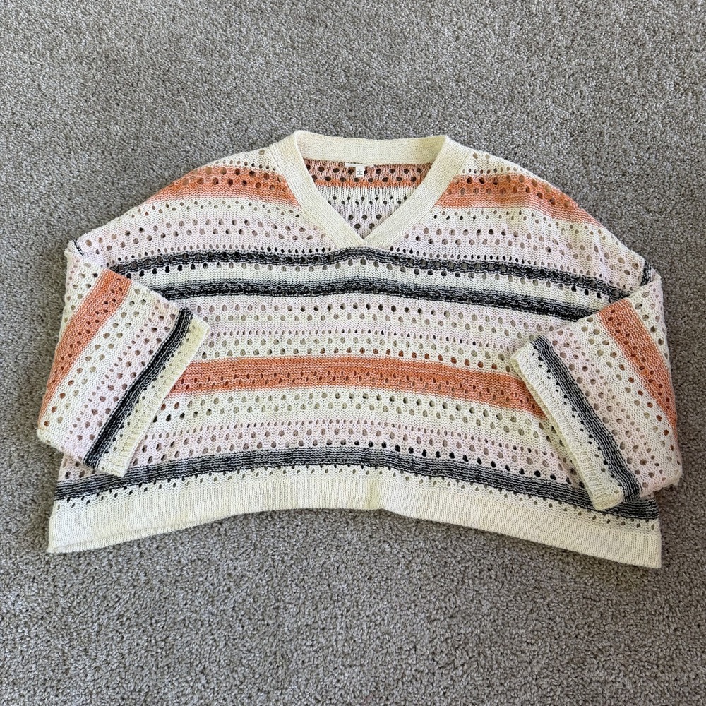 En Creme Sweater Womens L Multicolor Striped V Neck Crochet Knit Dolman Pullover